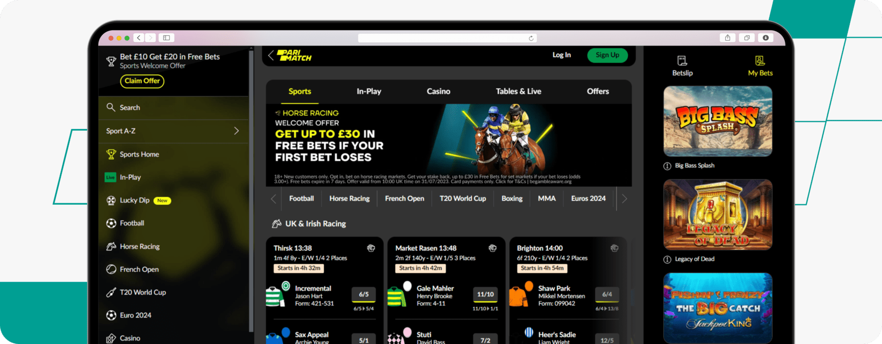 desktop screenshot of parimatch homepage cash out betting