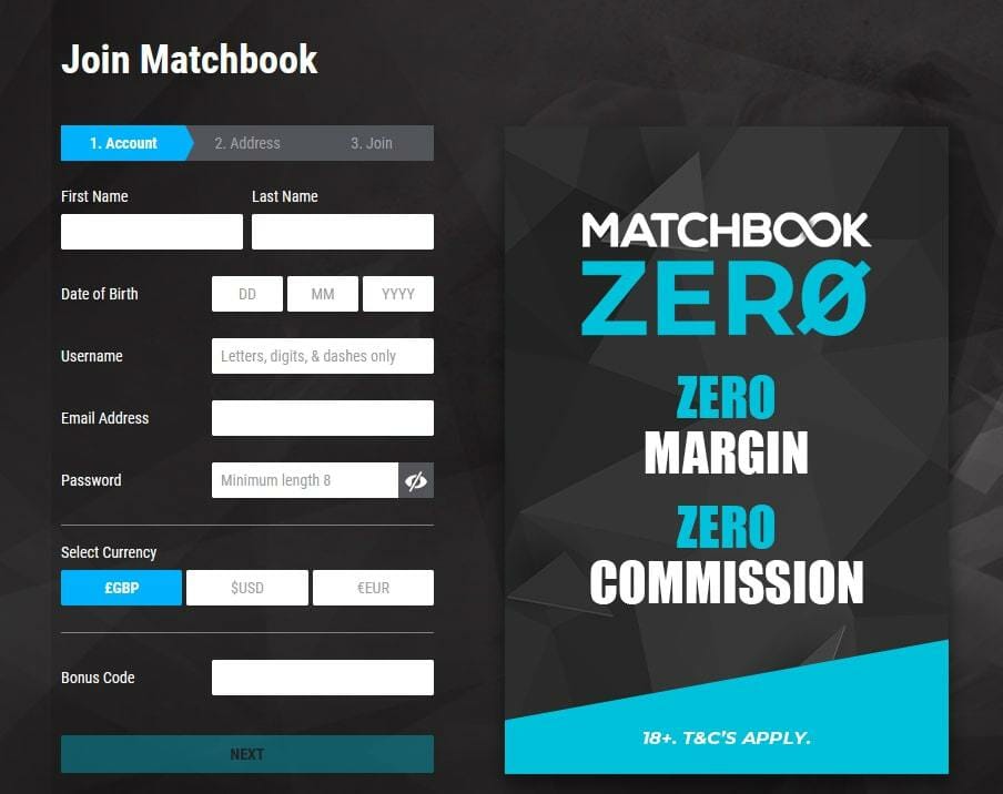 Screenshot of step 1 when joining Matchbook - inserting your personal details.