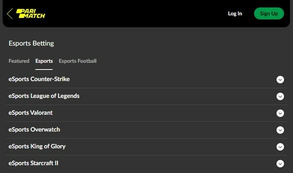 Parimatch Esports Betting Screenshot