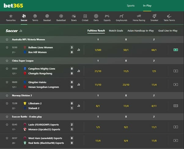 bet365 Availability of Sports Screenshot