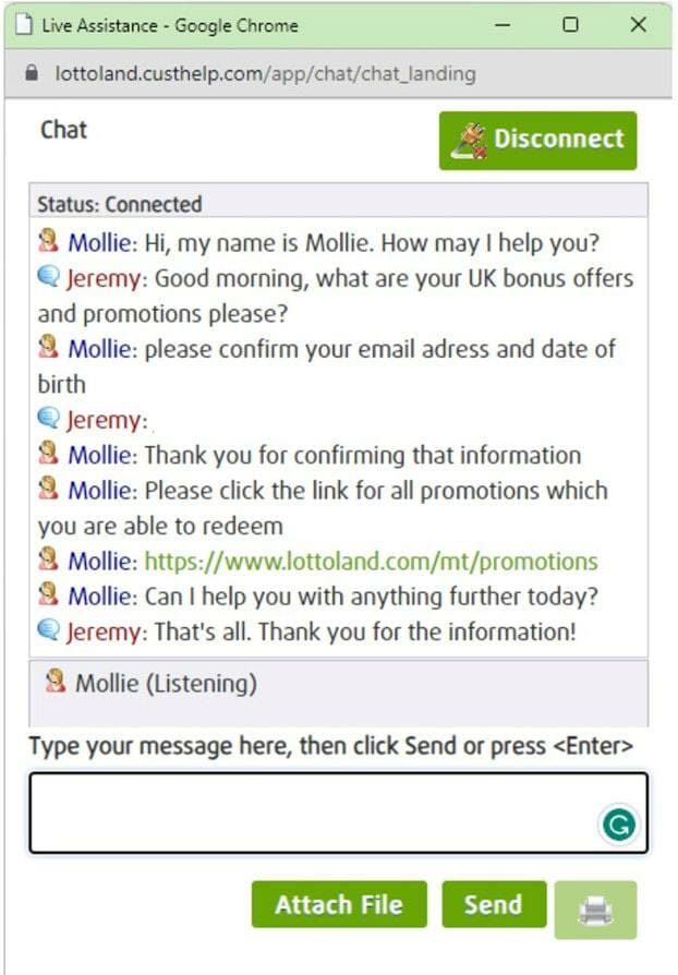 Lottoland Live Chat Screenshot