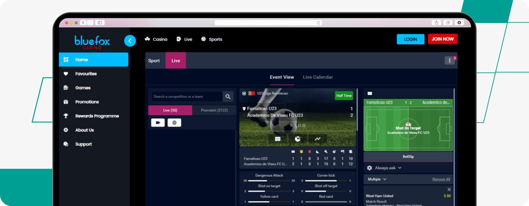 BlueFox Casino Live Betting screenshot desktop