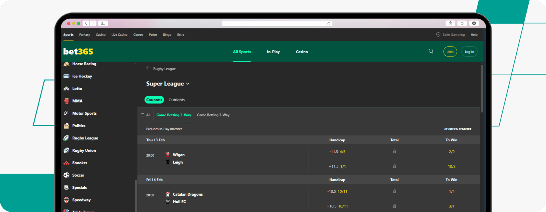 screenshot of bet365's rugby betting odds