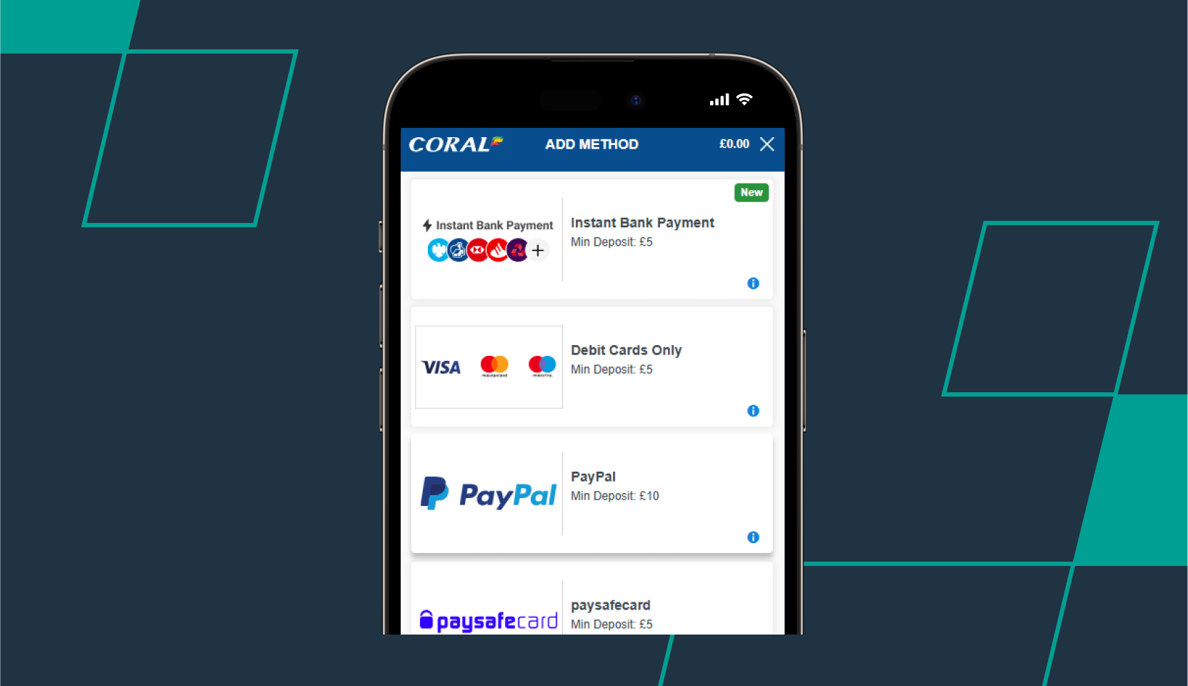 screenshot of coral's payment methods