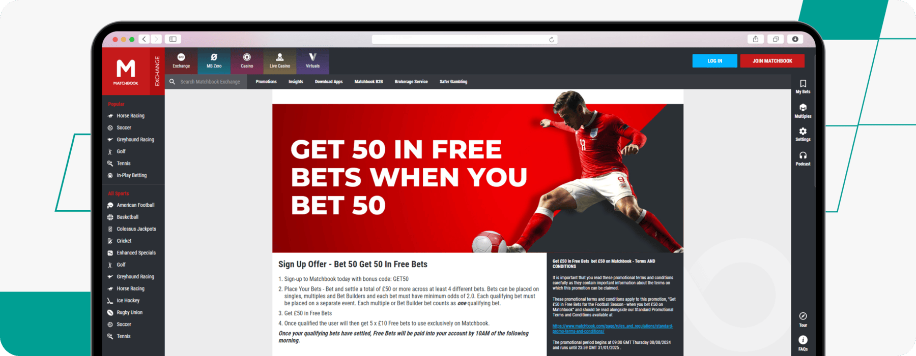 screenshot of matchbook bet 50 get 50 welcome offer